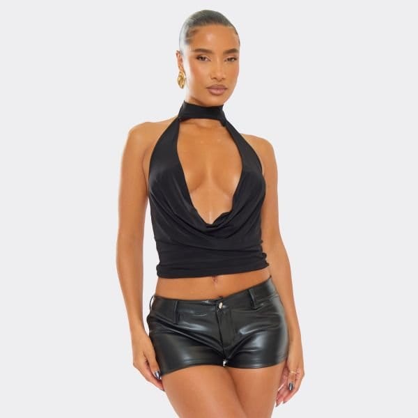 EGO Choker Neck Plunge Cowl Detail Top In Black Slinky, Women's Size UK 6 - 1