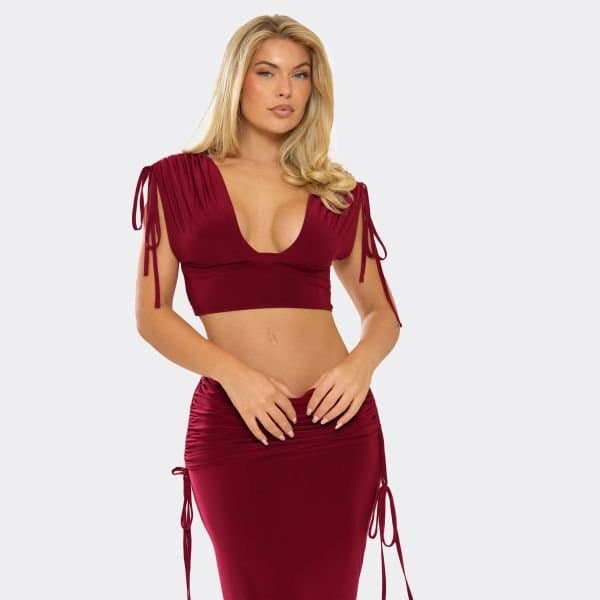 EGO EGO Plunge Ruched Detail Crop Top in Burgundy