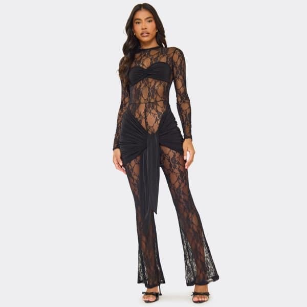 EGO Long Sleeve Contrast Ruched Drape Front Detail Flare Leg Jumpsuit In Black Lace, Women's Size UK 4