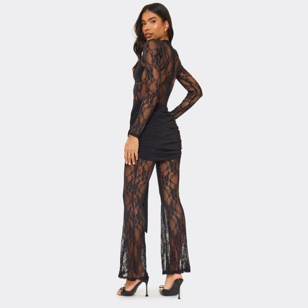 EGO Long Sleeve Contrast Ruched Drape Front Detail Flare Leg Jumpsuit In Black Lace, Women's Size UK 4 - 2