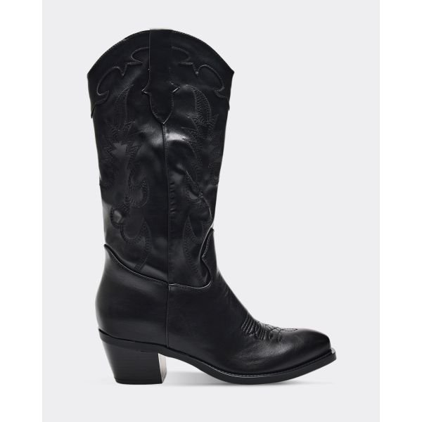 EGO Bey Embroidered Detail Mid Calf Western Cowboy Boot In Black Faux Leather, Women's Size UK 3 - 2