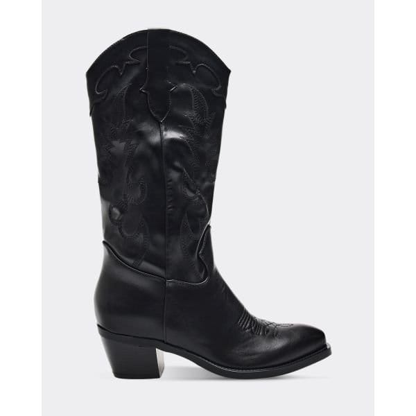 EGO Bey Embroidered Detail Mid Calf Western Cowboy Boot In Black Faux Leather, Women's Size UK 3 - 2