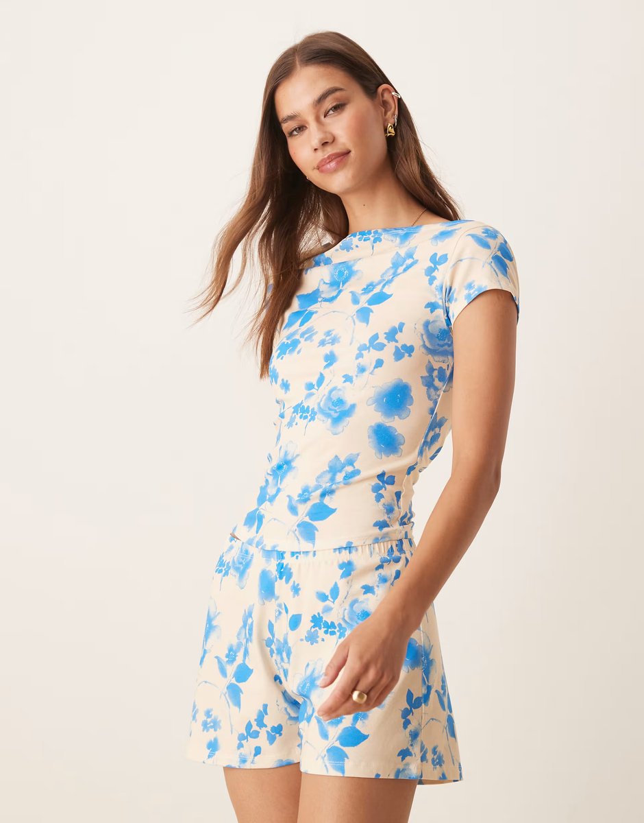 ASOS ASOS DESIGN ruched side asymmetric boat neck t-shirt co-ord in yellow and blue floral print - 1