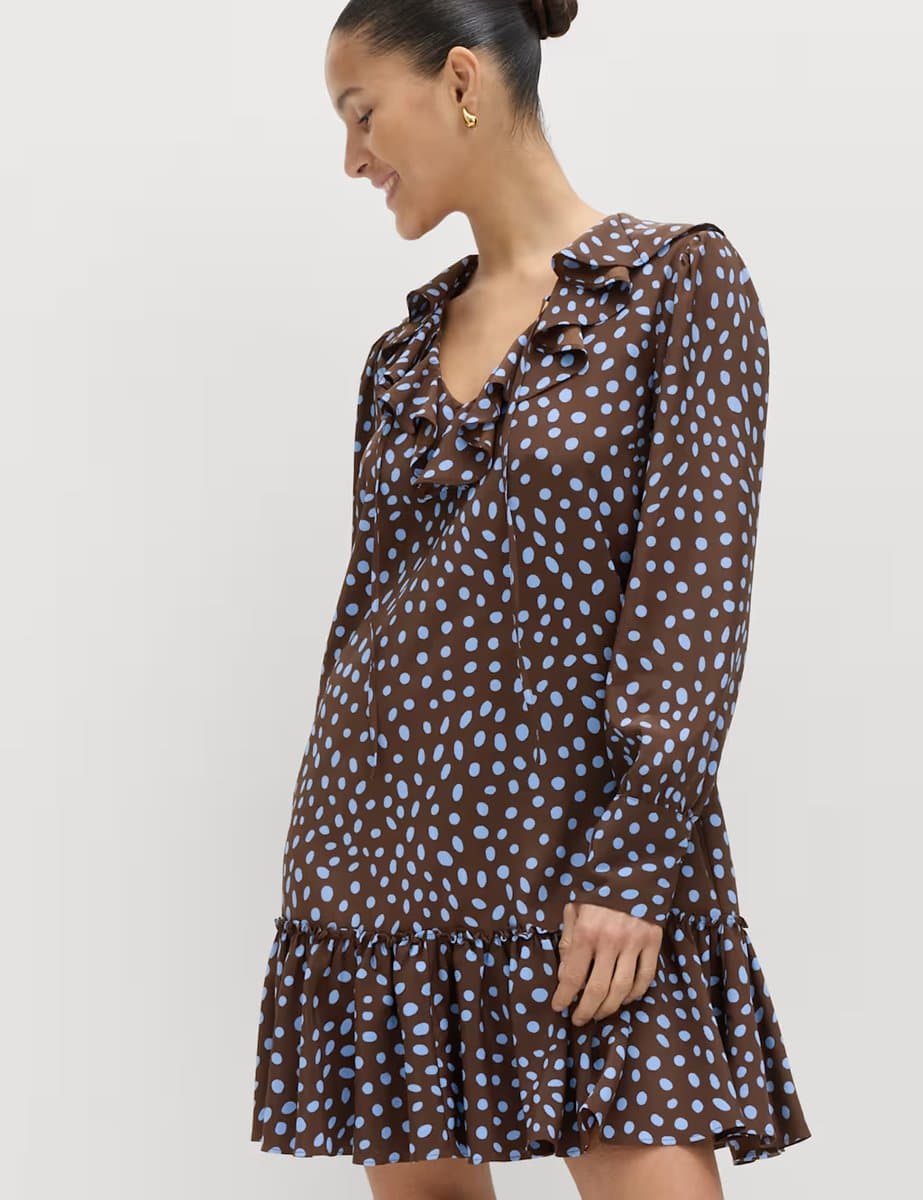 Marks & Spencer M&S Spot Print Ruffle Mini Tiered Dress Brown Mix