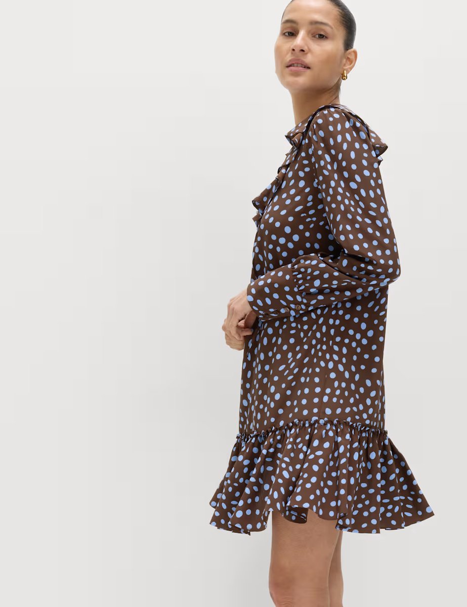 Marks & Spencer M&S Spot Print Ruffle Mini Tiered Dress Brown Mix - 4