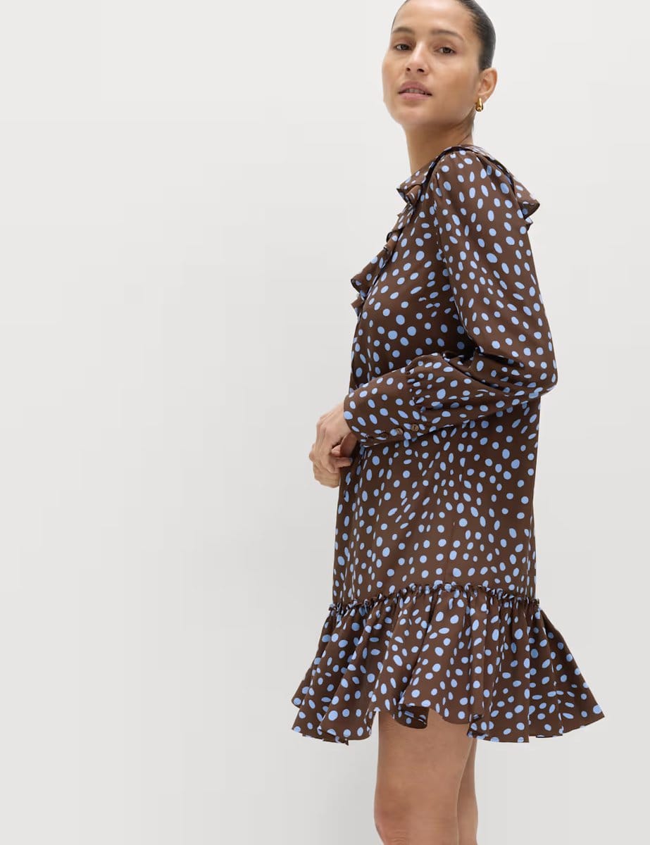 Marks & Spencer M&S Spot Print Ruffle Mini Tiered Dress Brown Mix - 4