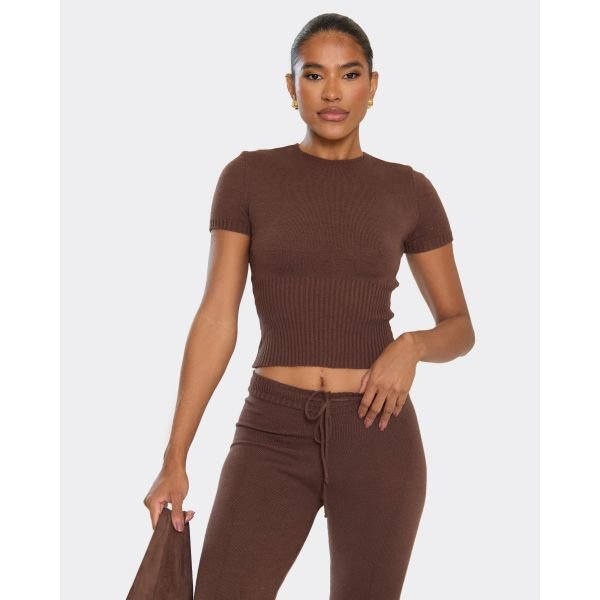 EGO Crew Neck Short Sleeve Cinched Waist Top In Brown Knit, Women's Size UK Large L - 2