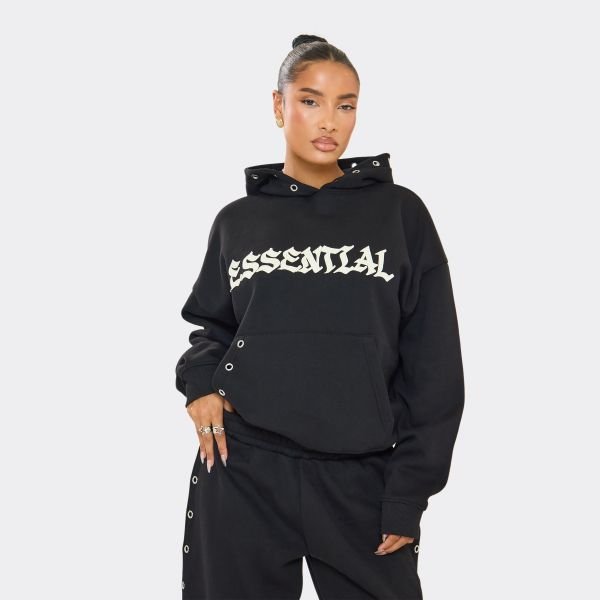EGO Eyelet Detail Essential Graphic Hoodie In Black, Women's Size UK 4 - 1