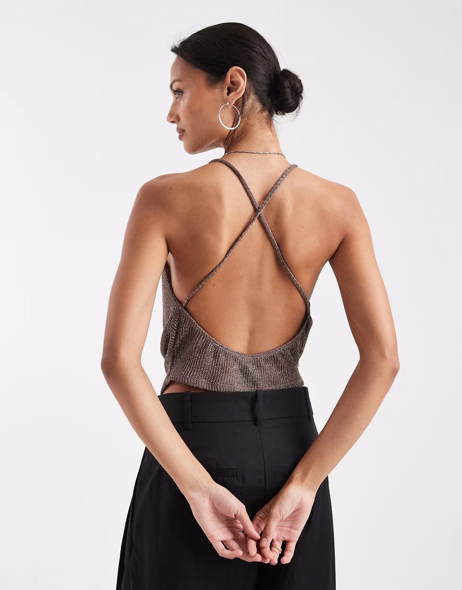 ASOS COLLUSION strappy extreme cowl halter top in chocolate metallic - 4