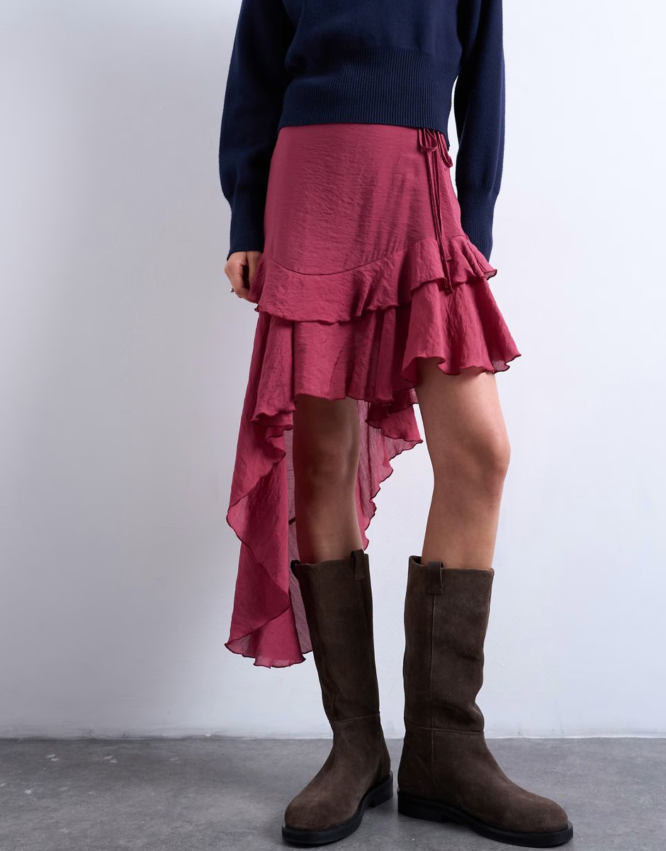 ASOS Topshop asymmetric hem frill detail midi skirt in rhubarb - 2