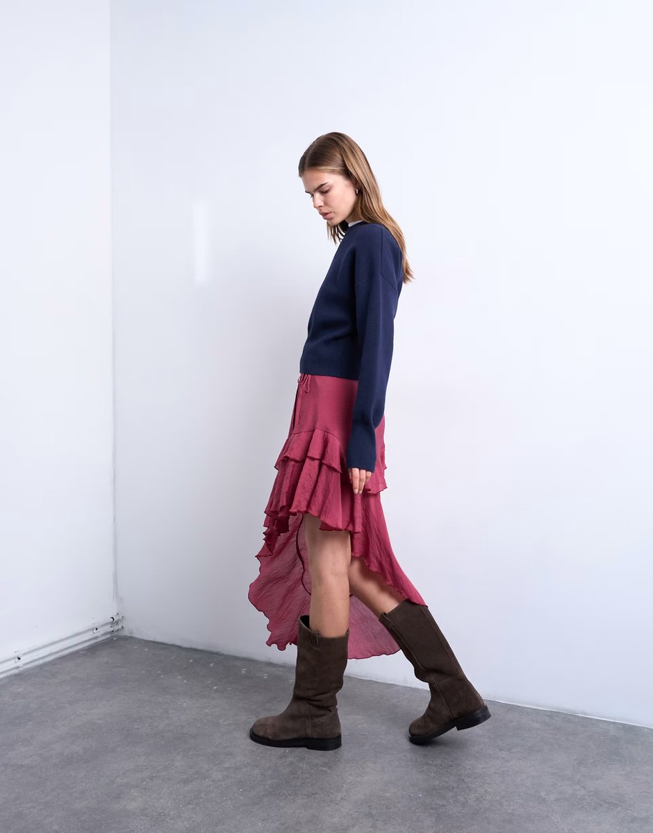 ASOS Topshop asymmetric hem frill detail midi skirt in rhubarb - 3