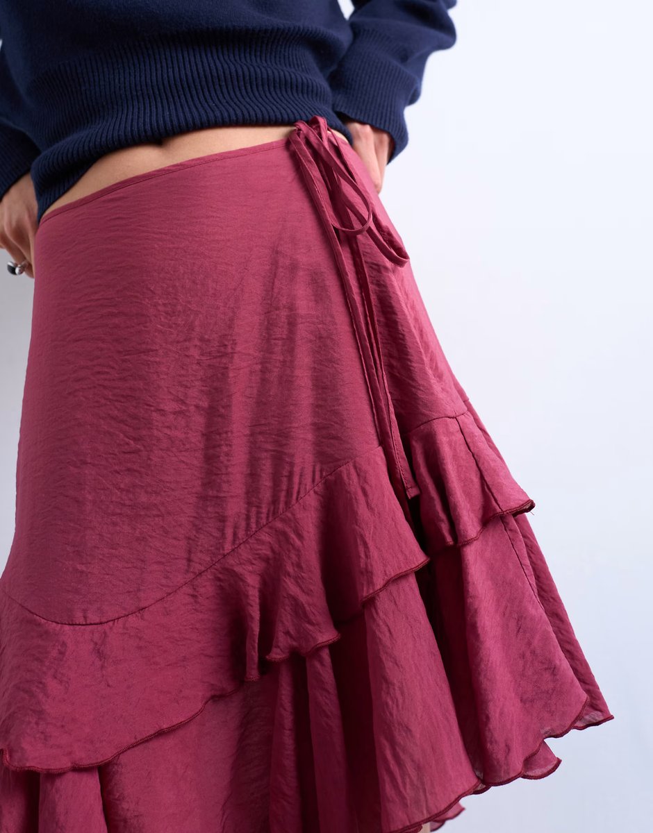 ASOS Topshop asymmetric hem frill detail midi skirt in rhubarb - 4