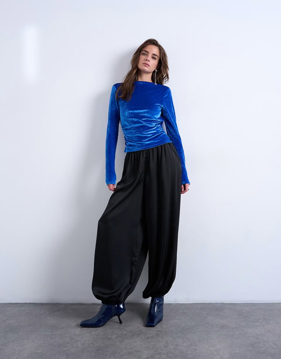 ASOS Topshop velvet cowl back long sleeve top in blue - 3