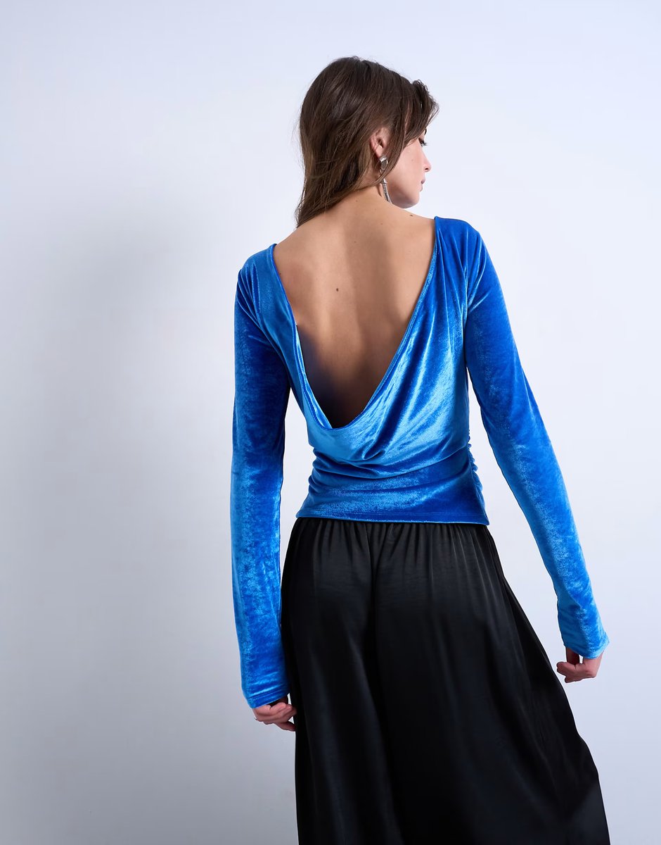 ASOS Topshop velvet cowl back long sleeve top in blue - 4