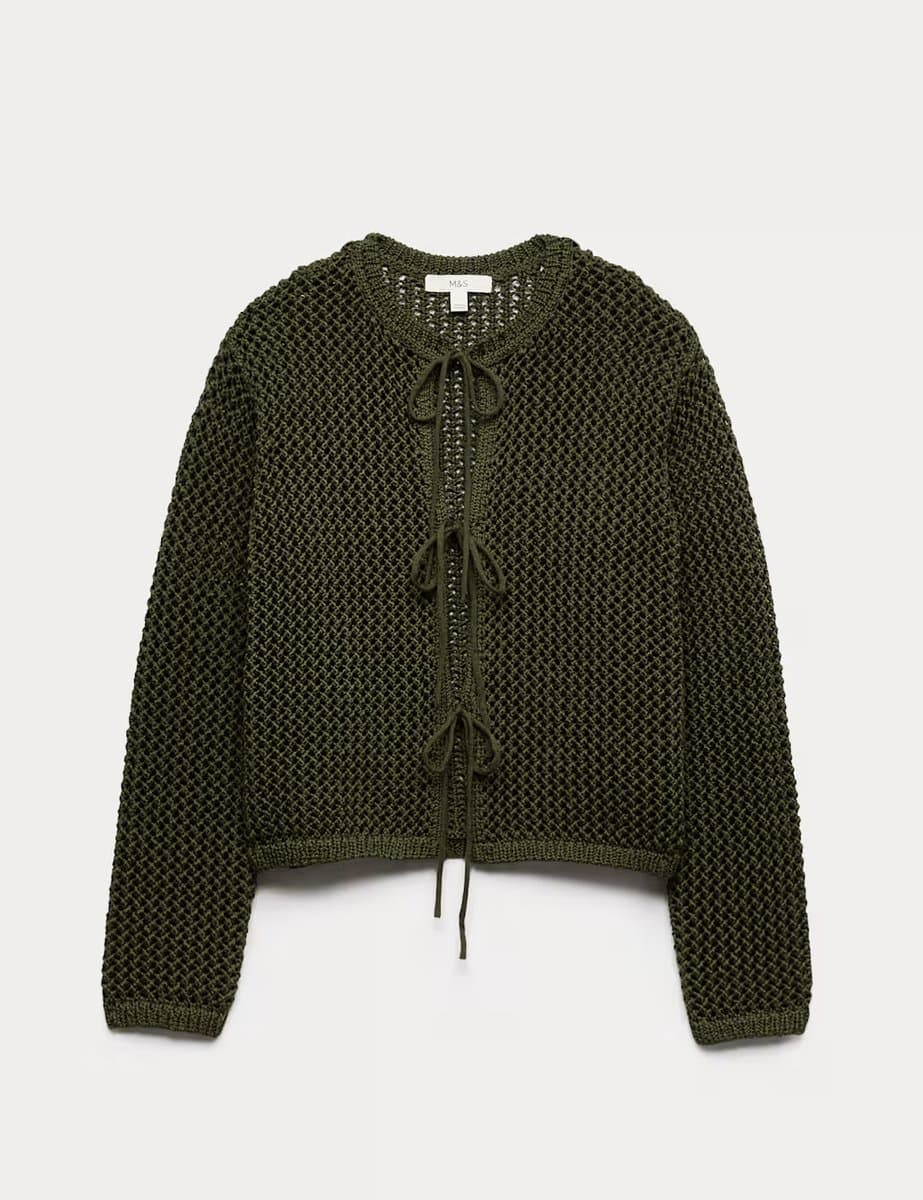 Marks & Spencer M&S Textured Tie Front Slim Fit Cropped Cardigan Dark Khaki