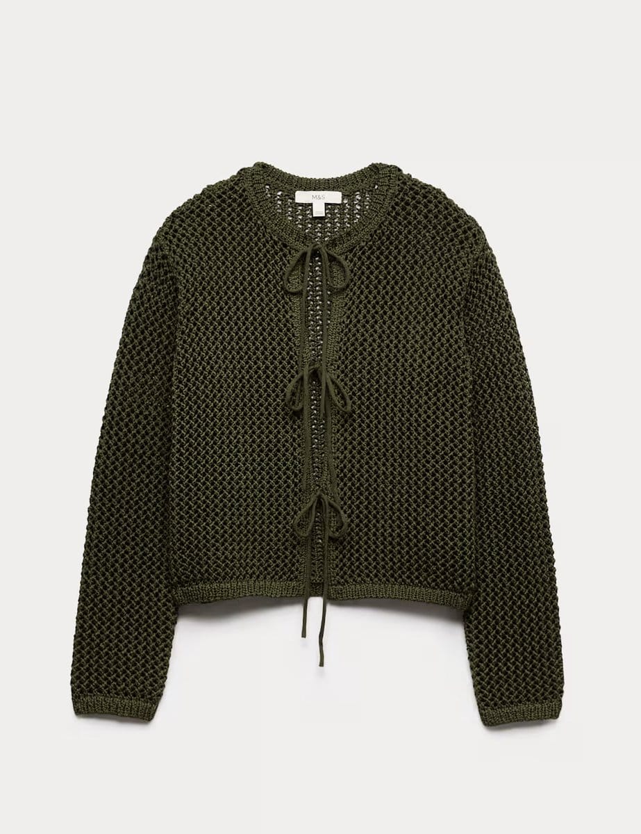 Marks & Spencer M&S Textured Tie Front Slim Fit Cropped Cardigan Dark Khaki - 1
