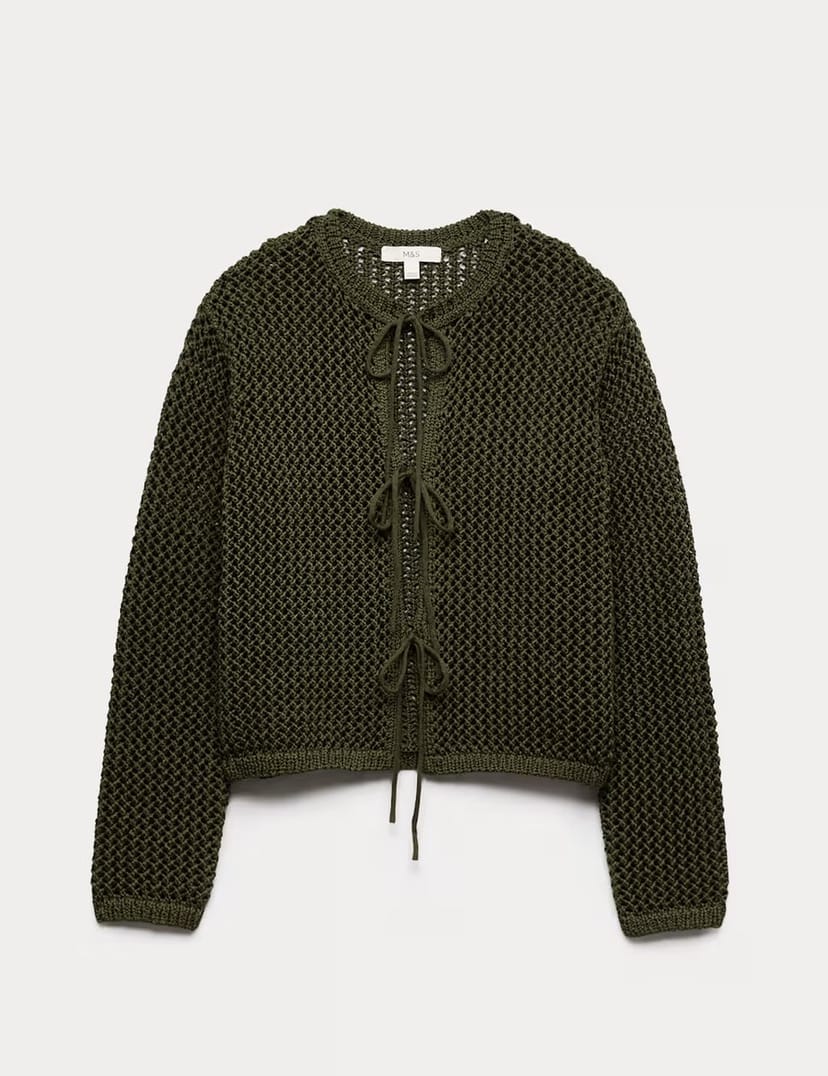 Marks & Spencer M&S Textured Tie Front Slim Fit Cropped Cardigan Dark Khaki - 1
