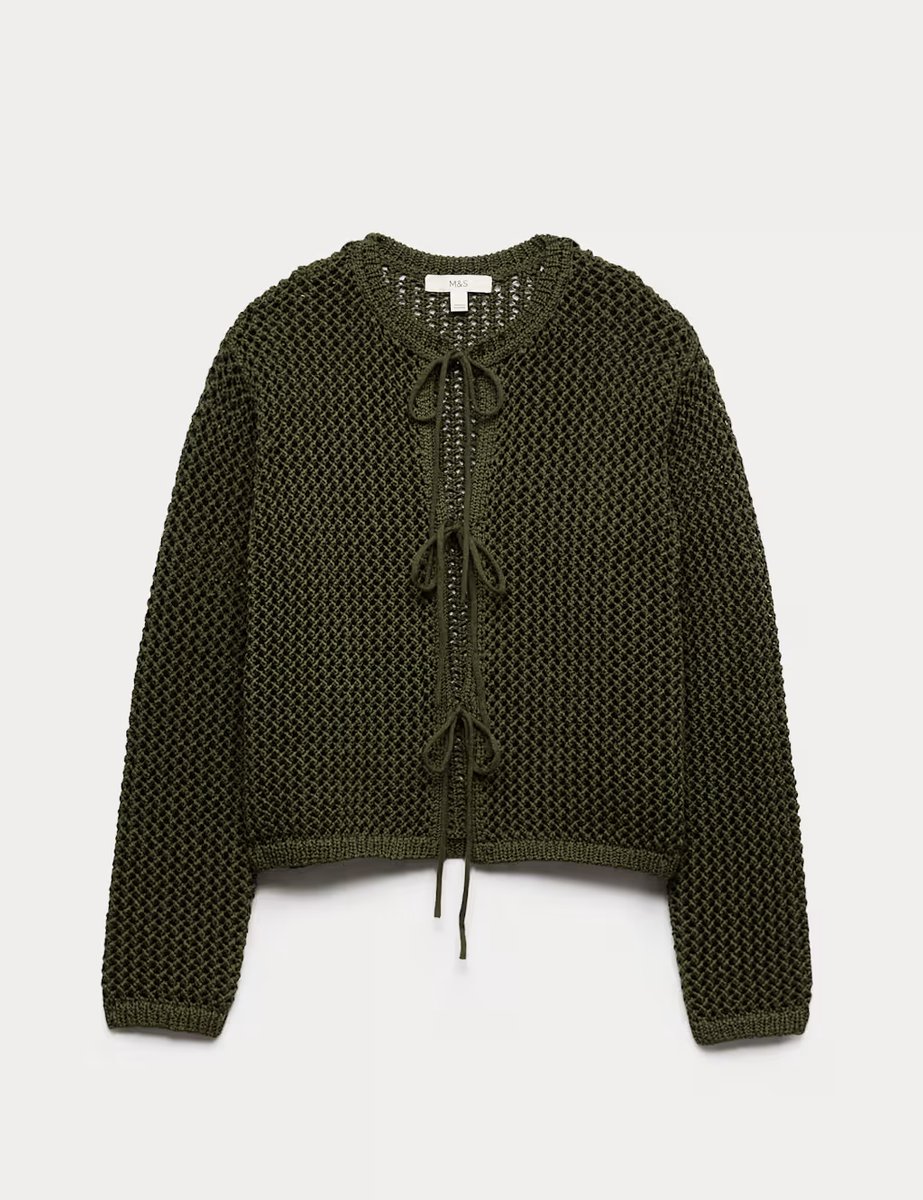 Marks & Spencer M&S Textured Tie Front Slim Fit Cropped Cardigan Dark Khaki - 2