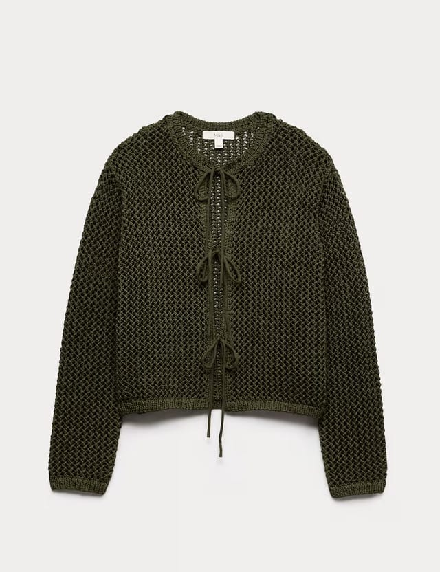 Marks & Spencer M&S Textured Tie Front Slim Fit Cropped Cardigan Dark Khaki - 2