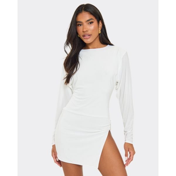 EGO Long Batwing Sleeve Side Split Mini Dress In White, Women's Size UK 6 - 2