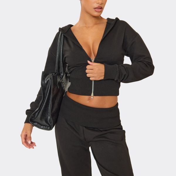 EGO Cinched Waist Zip Up Hoodie In Black, Women's Size UK 6 - 2