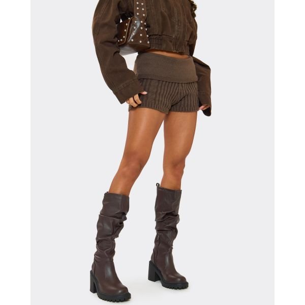 EGO Stomp It Out Block Heel Knee High Slouched Detail Boot In Brown Faux Leather, Women's Size UK 9 - 2