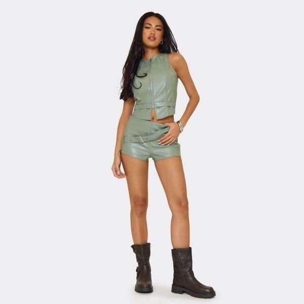 EGO Mid Rise Belt Detail Shorts In Sage Green Faux Leather, Women's Size UK 6
