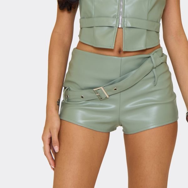 EGO Mid Rise Belt Detail Shorts In Sage Green Faux Leather, Women's Size UK 6 - 2