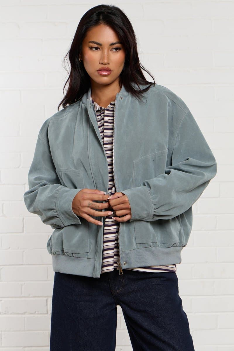 Kaiia Kaiia Baby Blue Faux Suede Bomber Jacket