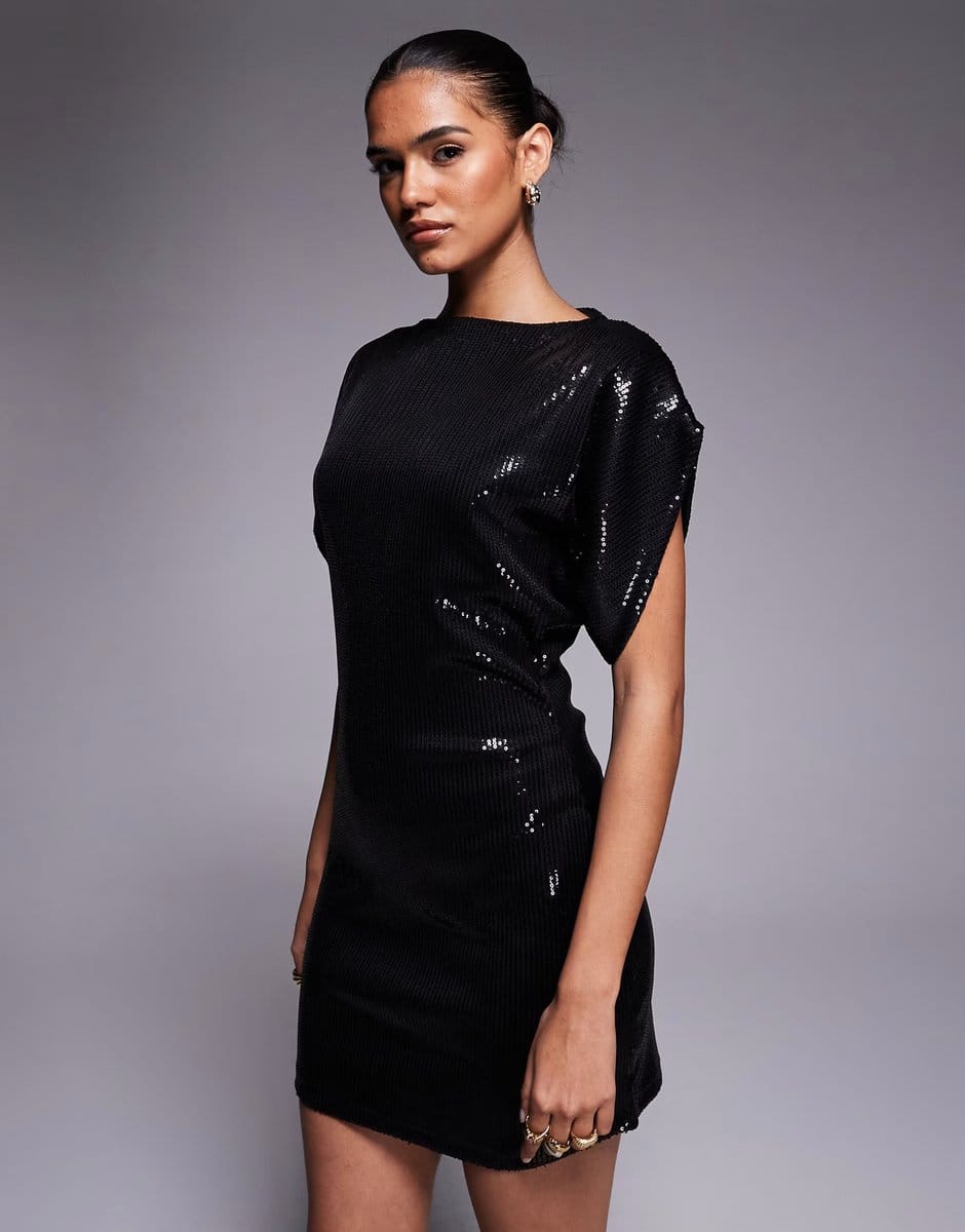 ASOS ASOS DESIGN slash neck batwing sequin mini dress in black - 1