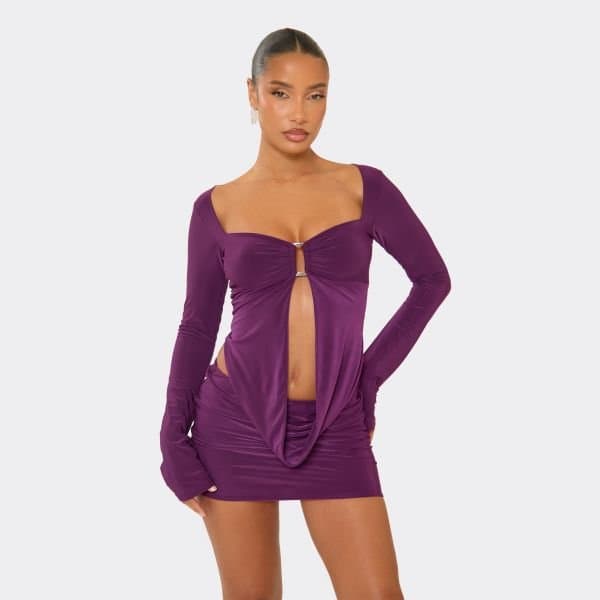 EGO EGO Long Sleeve Cowl Front Trim Detail Ruched Top in Plum