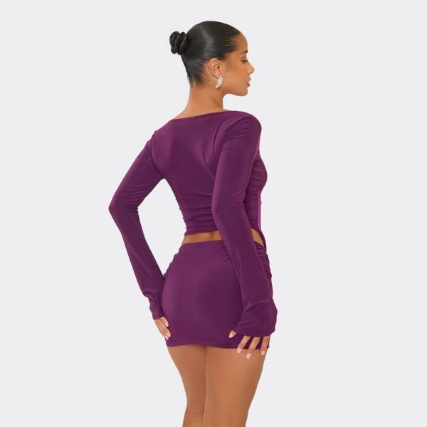 EGO Long Sleeve Cowl Front Trim Detail Ruched Top In Plum Slinky, Women's Size UK 6 - 2