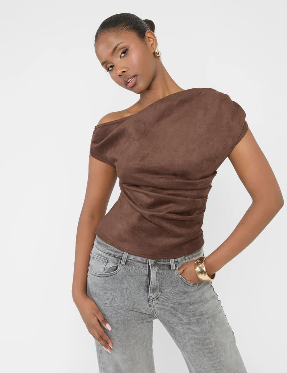 Public Desire Suedette One Shoulder Ruched Top Chocolate