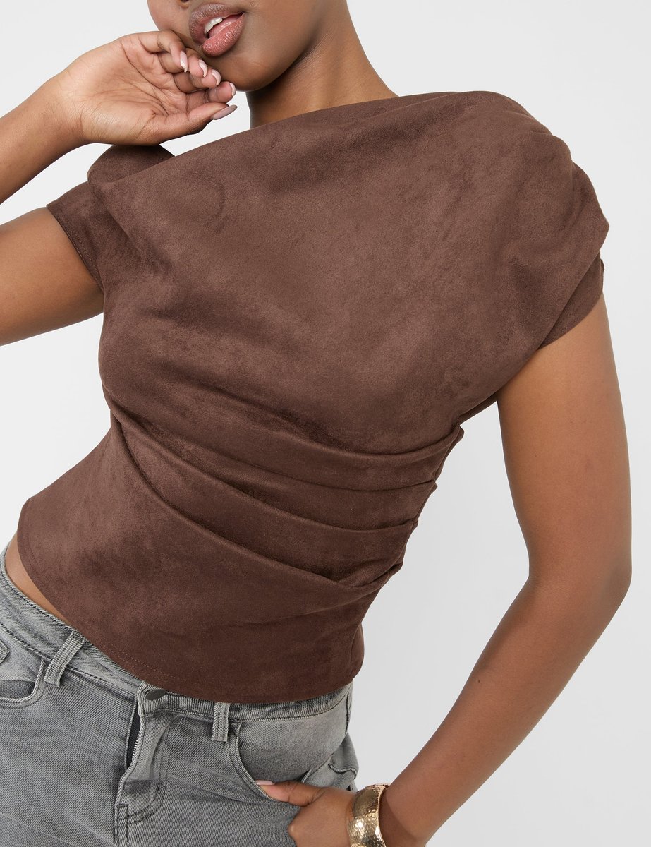 Public Desire Suedette One Shoulder Ruched Top Chocolate - 2