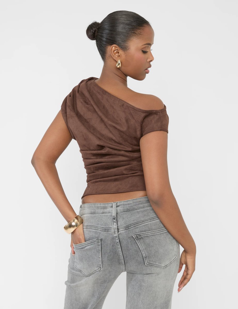 Public Desire Suedette One Shoulder Ruched Top Chocolate - 3