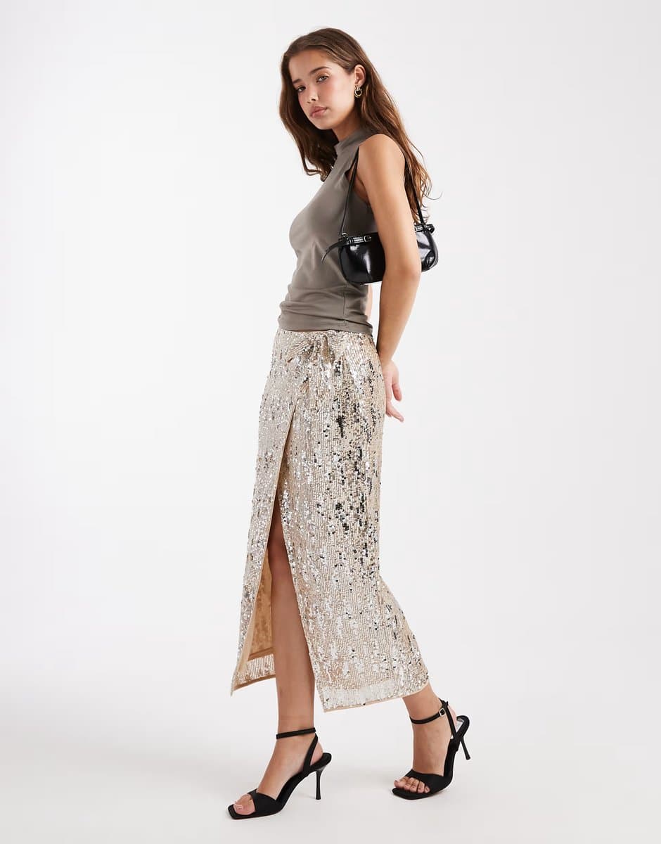 ASOS ASOS DESIGN mixed sequin wrap midi skirt in champagne