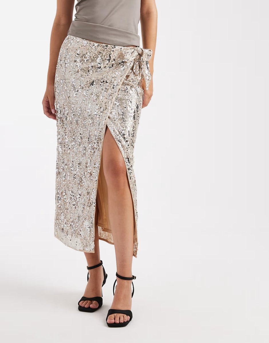ASOS ASOS DESIGN mixed sequin wrap midi skirt in champagne - 2
