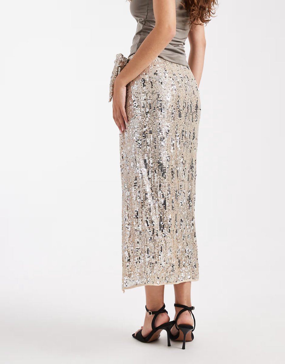 ASOS ASOS DESIGN mixed sequin wrap midi skirt in champagne - 3