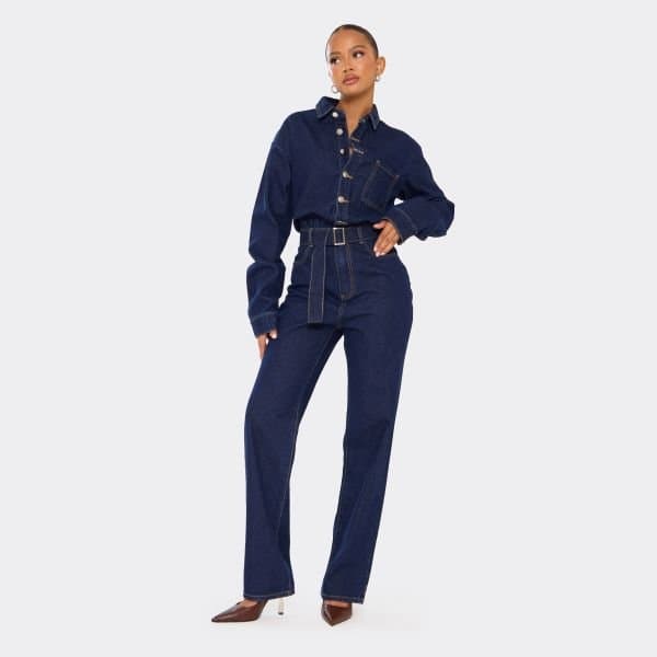 EGO Long Sleeve Collared Button Down Detail Jumpsuit In Indigo Blue Denim, Women's Size UK 6