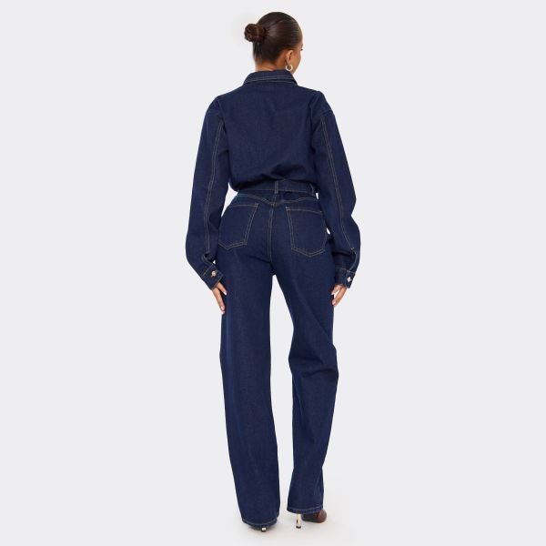EGO Long Sleeve Collared Button Down Detail Jumpsuit In Indigo Blue Denim, Women's Size UK 6 - 2
