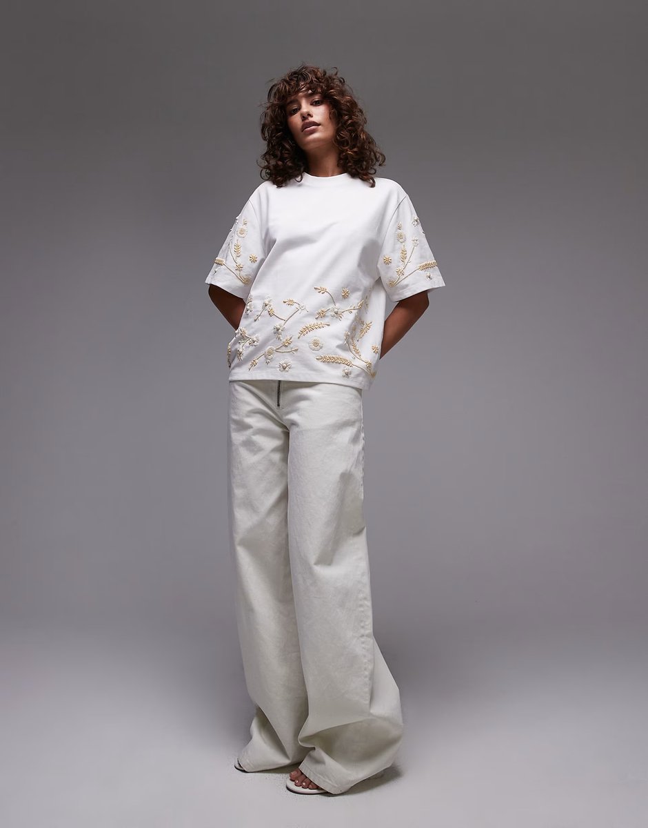 ASOS Topshop floral beaded oversized tee in white - 2