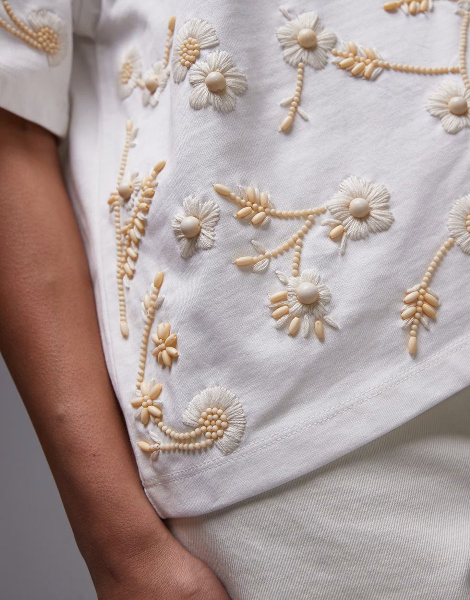 ASOS Topshop floral beaded oversized tee in white - 3