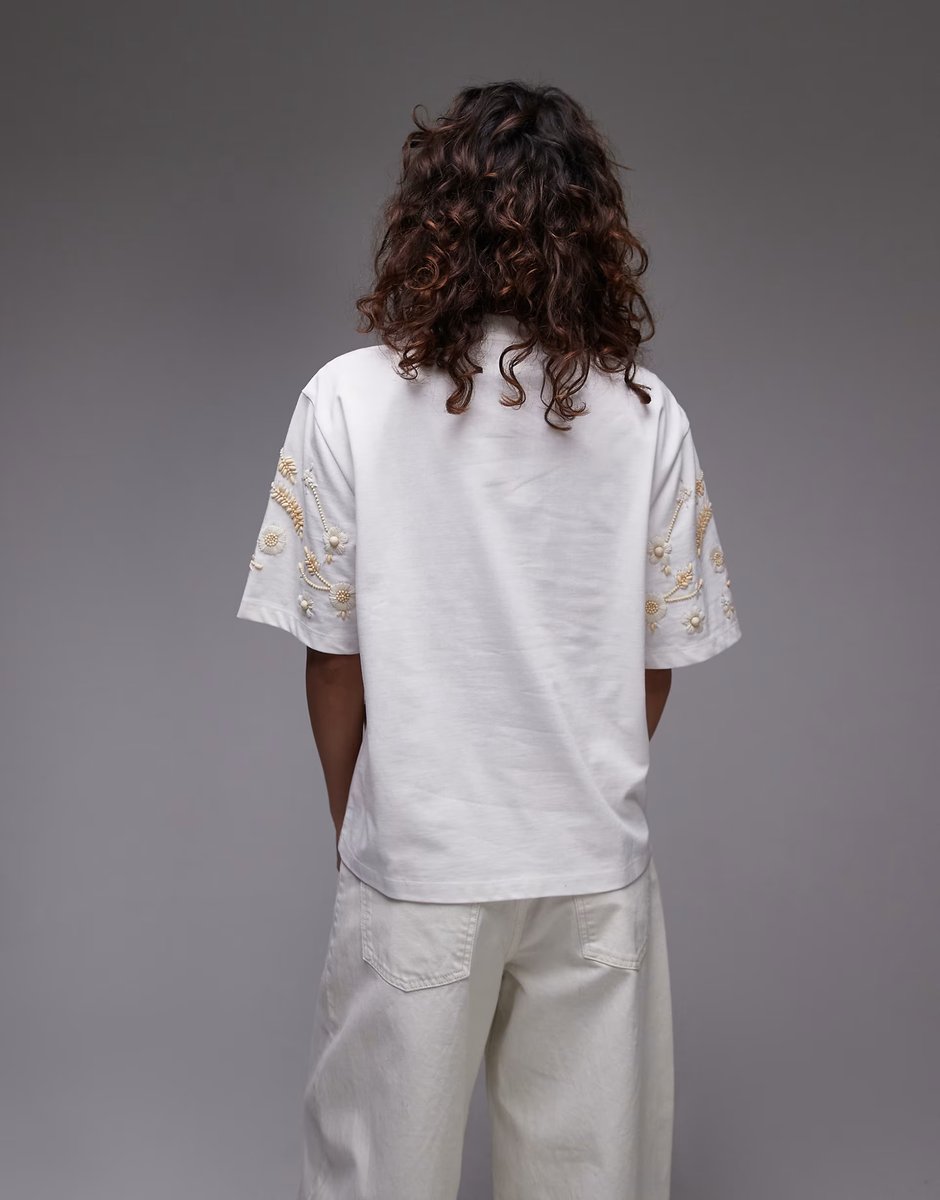 ASOS Topshop floral beaded oversized tee in white - 4