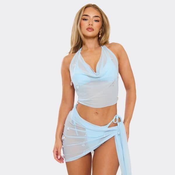 EGO EGO Cowl Neck Embellished Top in Blue Mesh