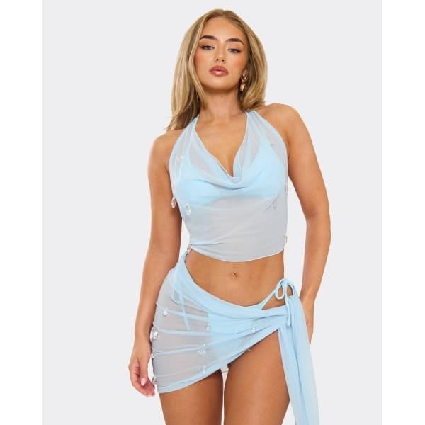 EGO Cowl Neck Embellished Top In Blue Mesh, Women's Size UK 6 - 2