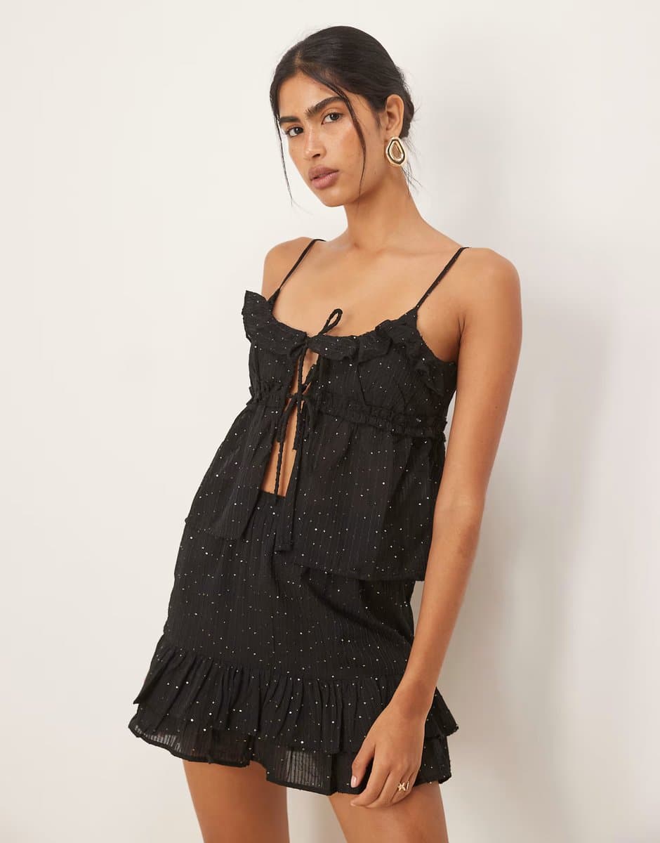ASOS Pimkie sequin detail ruffle tie front cami top co-ord in black