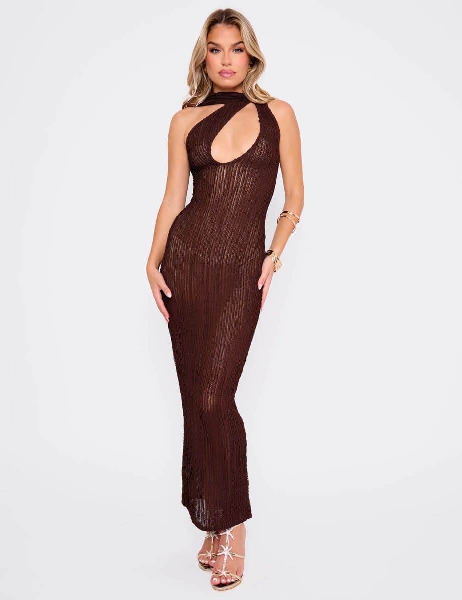 Public Desire Textured Scarf Detail Cut Out Maxi Dress Chocolate