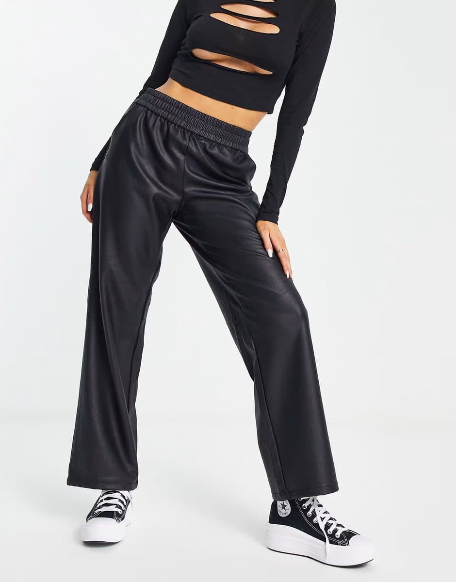 ASOS ONLY faux leather elasticated waist straight leg trousers in black 
