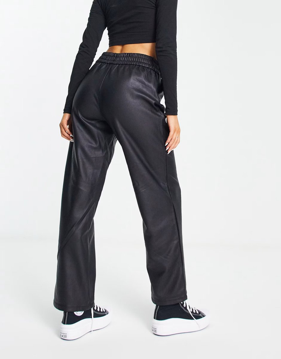 ASOS ONLY faux leather elasticated waist straight leg trousers in black  - 3