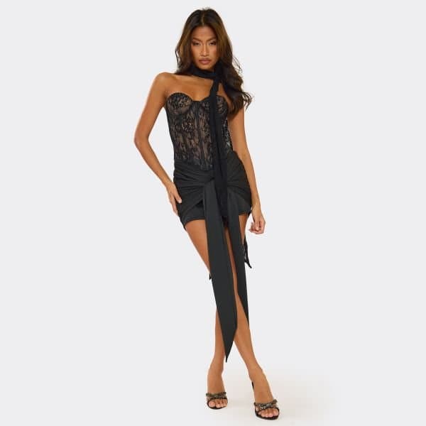 EGO V Waist Drape Tie Front Mini Skirt In Black Satin, Women's Size UK 6